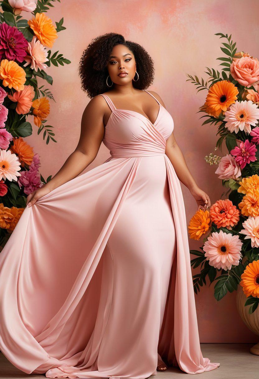 A powerful and confident curvy woman standing tall in an elegant pose, adorned in a flowing gown that celebrates her curves. The background features an array of diverse women of different body types and ethnicities, radiating self-love and empowerment. Soft pastel colors highlight the beauty of individuality while lush floral elements add a touch of glamour. The scene embodies a fusion of strength and femininity, inspiring viewers to embrace their bodies. vibrant colors. digital painting. empowering atmosphere.